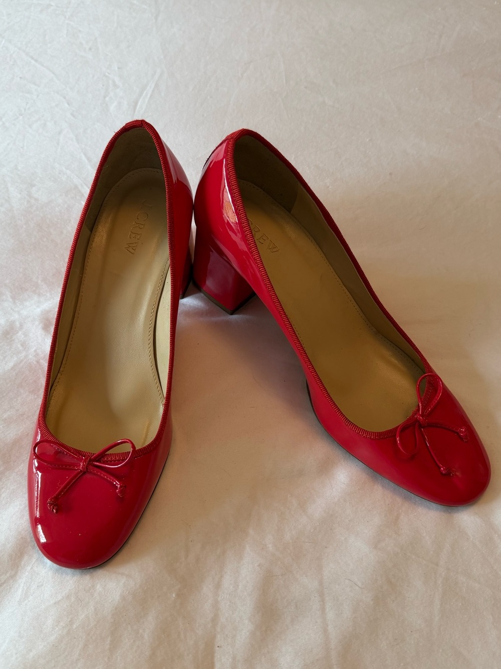 J. Crew Red Patent Leather Bow Block Heel Pumps